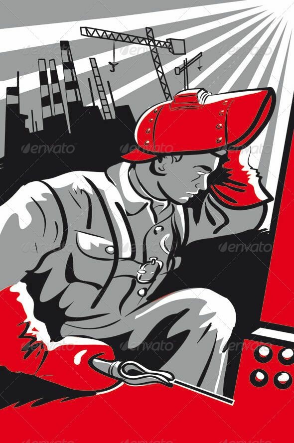stylised drawing of Russian man with welding mask